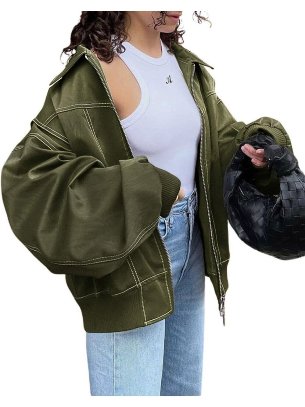 Women's Green Faux Leather Motorcycle Jacket Oversized Zip Up Loose Winter Coat